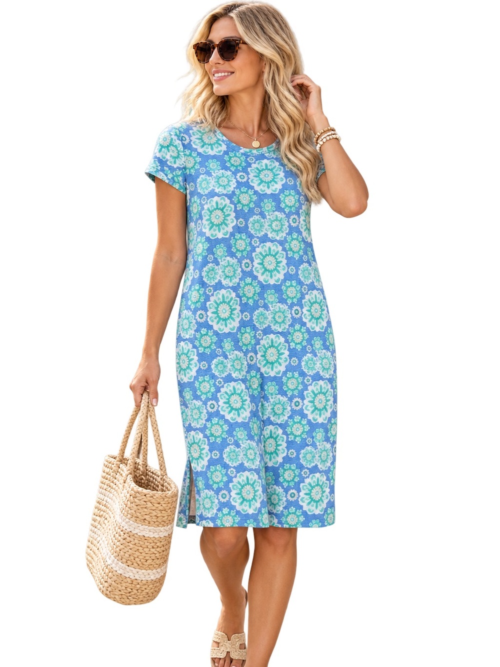 Vineyard Vines Blue & Mint Floral Short-Sleeve T-Shirt Dress size XS cotton